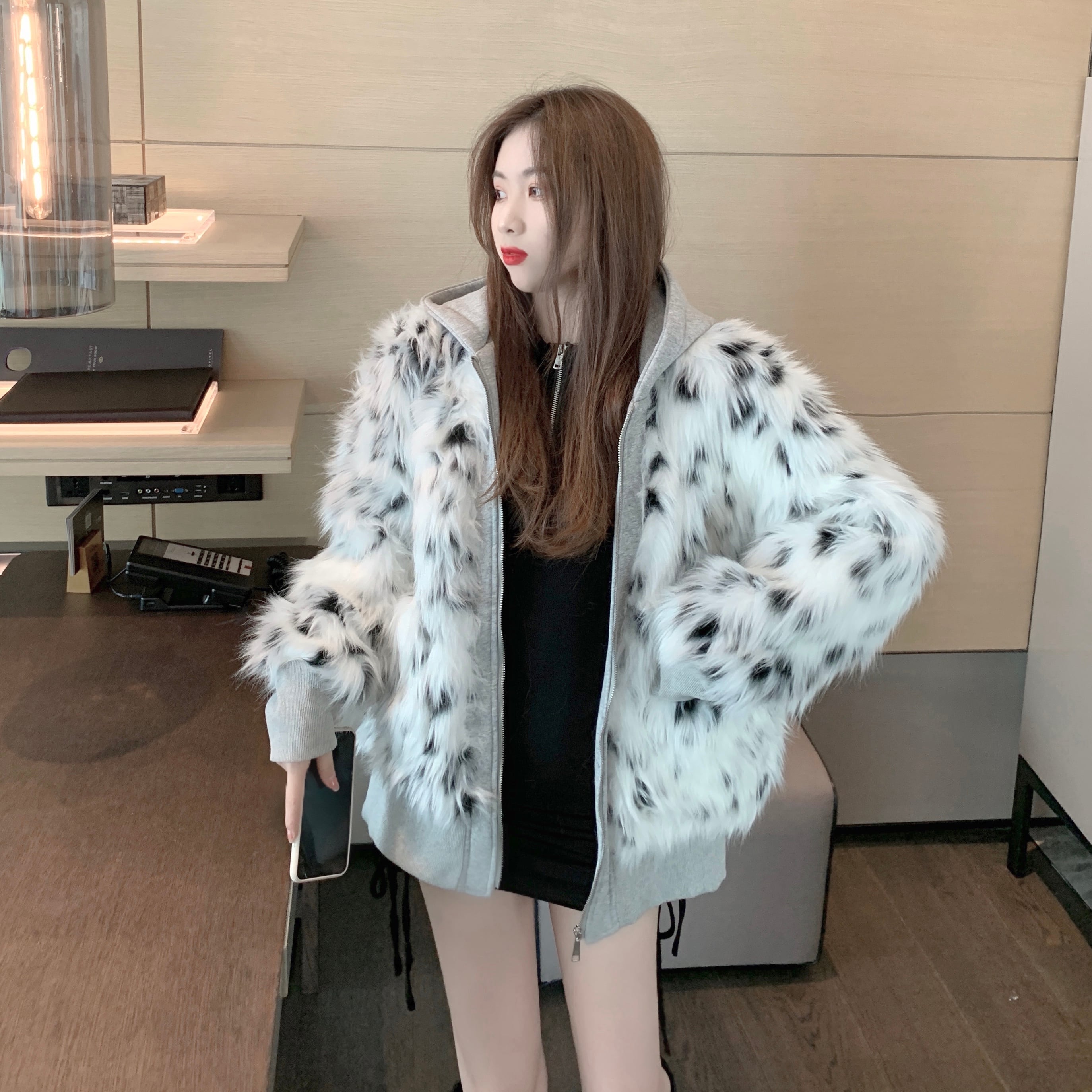 ヒョウ柄 フード付きファーコート レディース 秋 冬 ファー ヒョウ柄 フード付きファーコート レディース 秋 冬 ファー