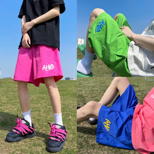 【予約販売】ハーフパンツ メンズ ストリート 派手 蛍光 ネオン ダンス ピンク/グリーン/ブルー カジュアル スエット スタイリッシュ こなれ感 お洒落 韓国 トレンド 春 秋 夏 M/L/XL/2XL