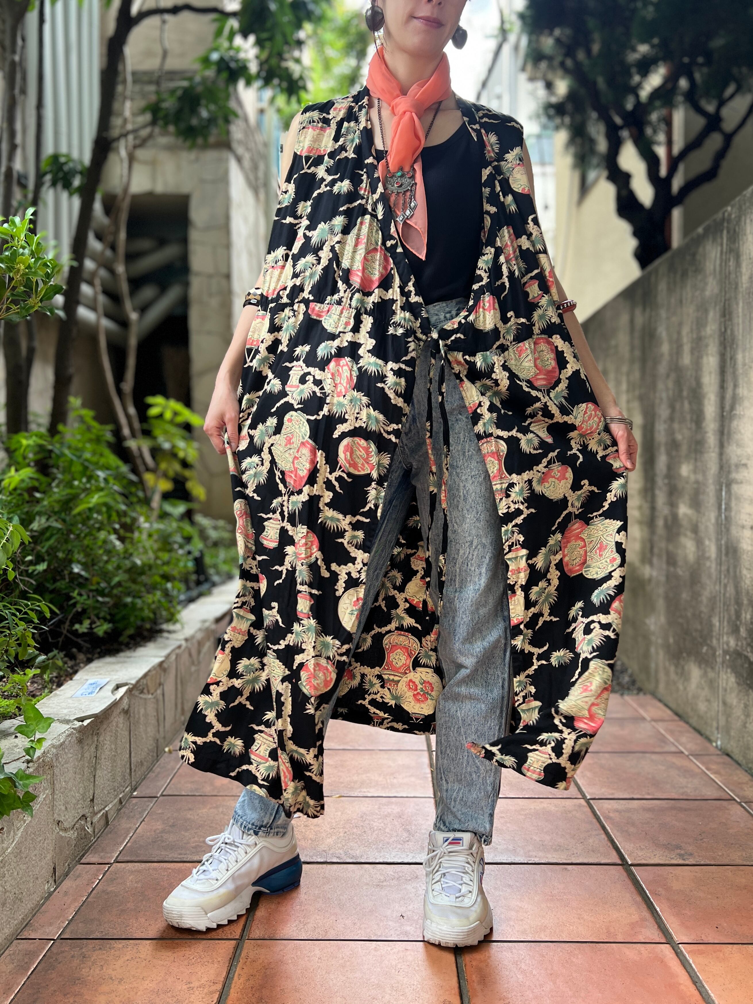 Vintage black × oriental cotton long gilet / sleeveless wrap dress