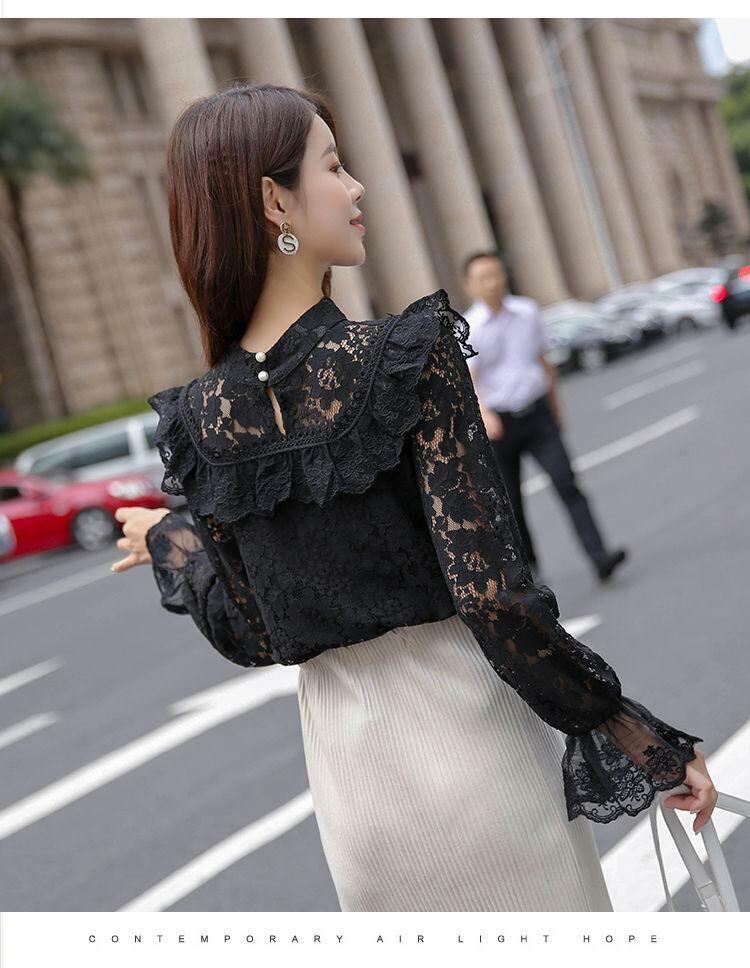 フリル レースブラウス フリル袖 ハイネック 長袖 黒 ブラック コーデ