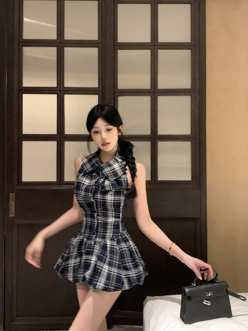 S~L♡チェック柄ノースリーブAラインミニワンピース S~L♡チェック柄ノースリーブAラインミニワンピース
