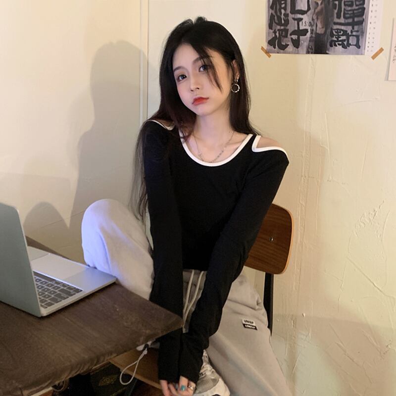 ブラックストラップレスTシャツ オータム薄手スリムトップス ロング 秋物 萌量不足46235027911