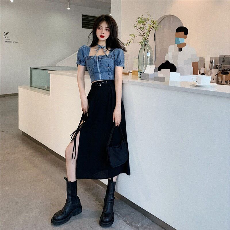 レースアップスリットハイウエストスカートレディース夏2020新作ブラックミドル丈スカート不規則Aラインスカート ブラックストロベリース91561298310