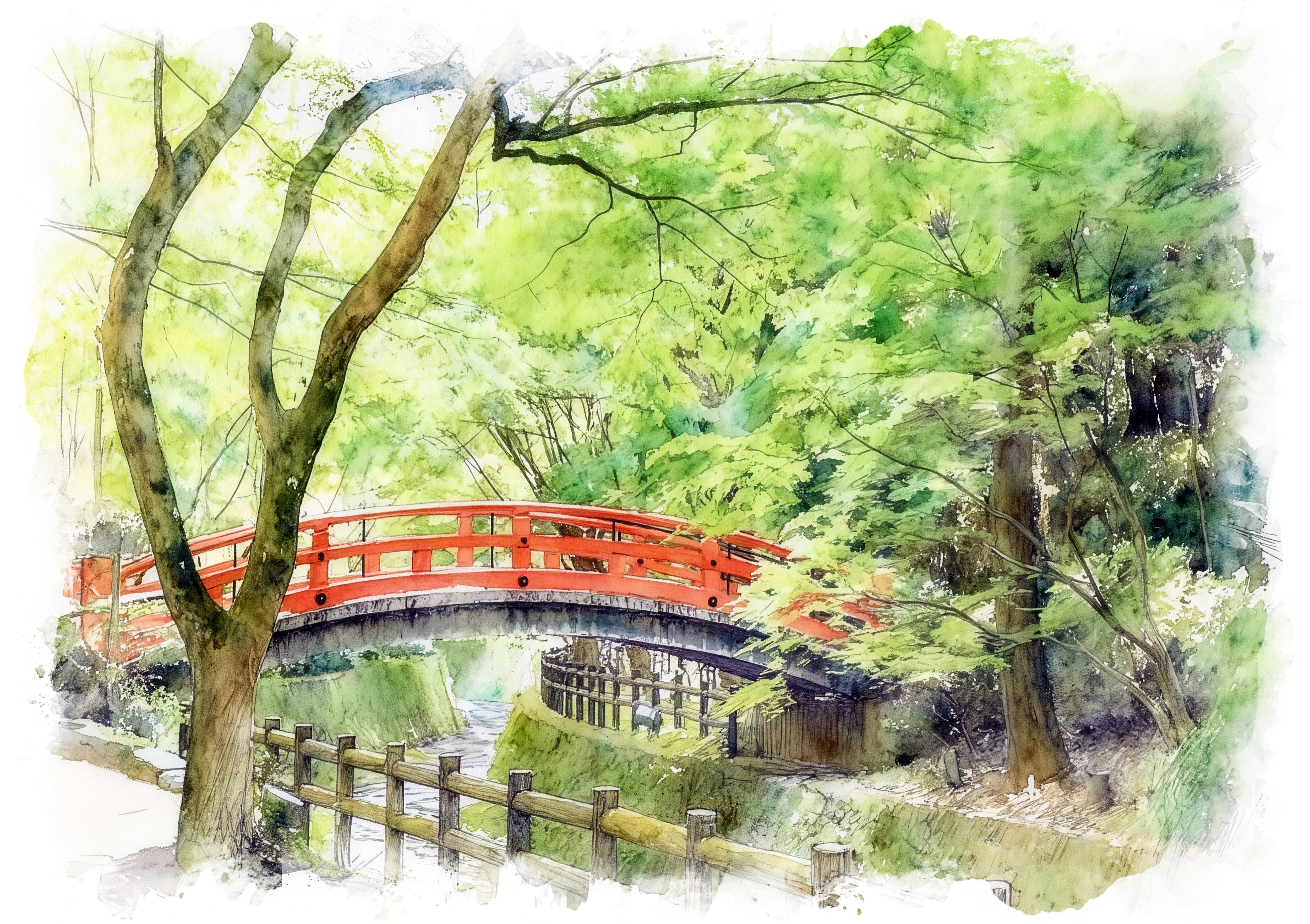 絵画 風景画 日本 京都府 北野天満宮もみじ苑 朱色の橋 インテリアアート額付き 水彩画風 WAT1742