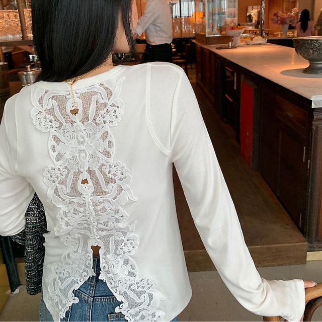 バックスリットレースロングＴシャツ［S-L］