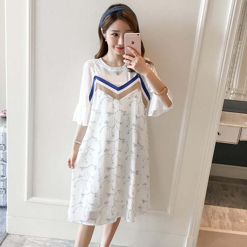 【新作】【送料無料】 マタニティウェア2020夏の新しい半袖Tシャツ+シフォンフローラルミドル丈サスペンダースカートツーピース妊婦-アリババ サマー 夏物 花柄 expec250540124114