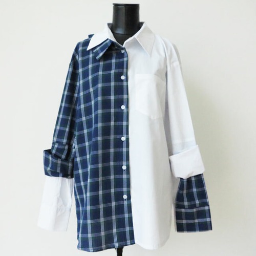 (再入荷）アシンメトリーチェックコットンブラウスFRANCE：REB-070 ¥19,500+tax