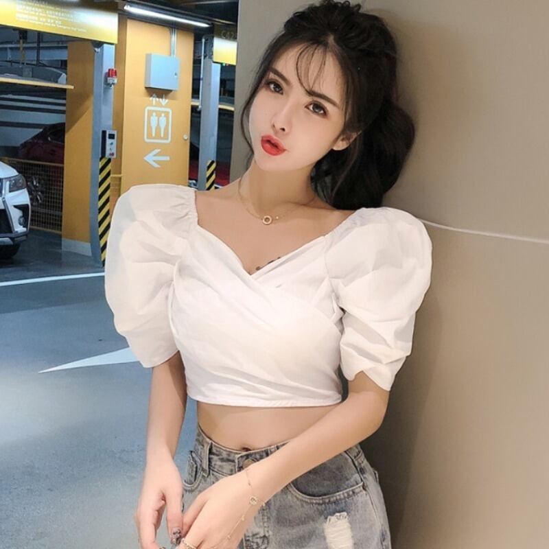 スタンダードスタイルシャツ サマースリーブハイウェストウェストショートブラウス レトロ 夏物 スクウェア ハンチェンe59167294688