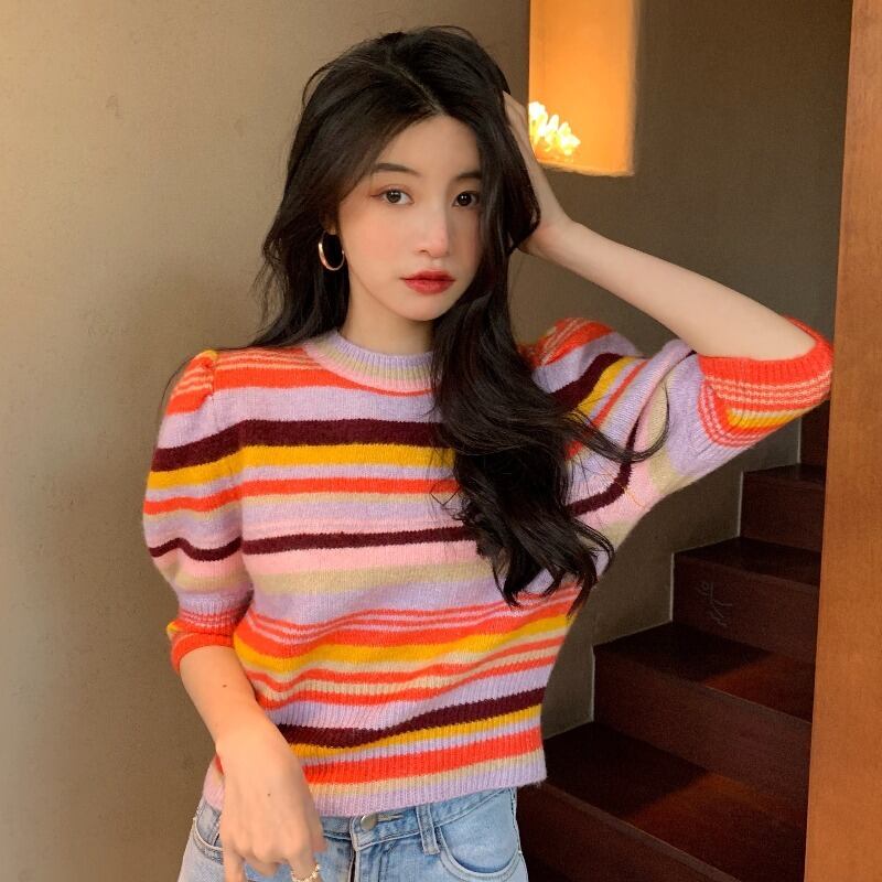 スタンダードカラーストライプセーター スプリングルーズショートスリーブ レトロ 半袖 ハーフスリーブ 春物 YY-ファッション64297539166