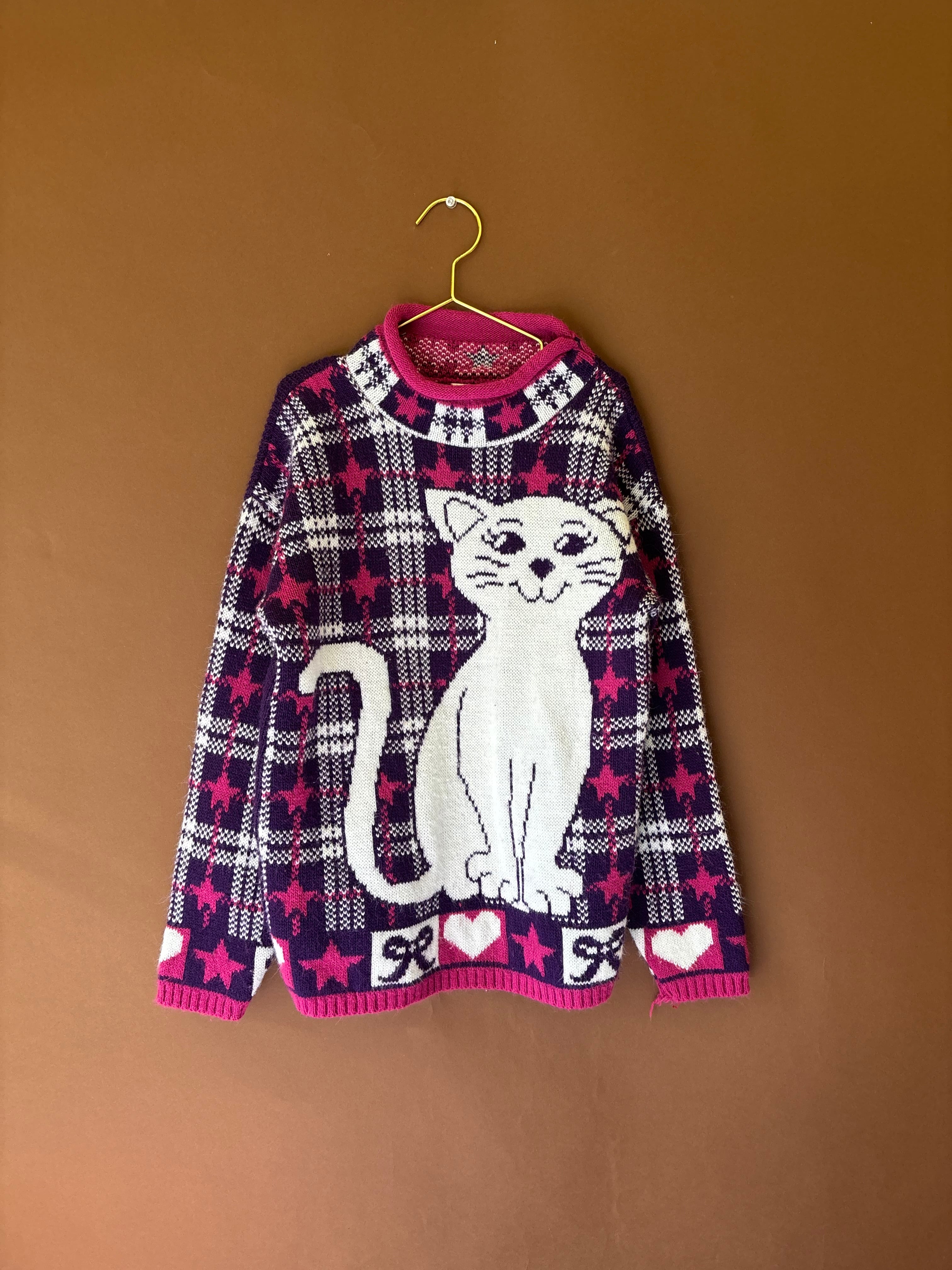【KIDS vintage】 purple cat sweater. about 6-8y