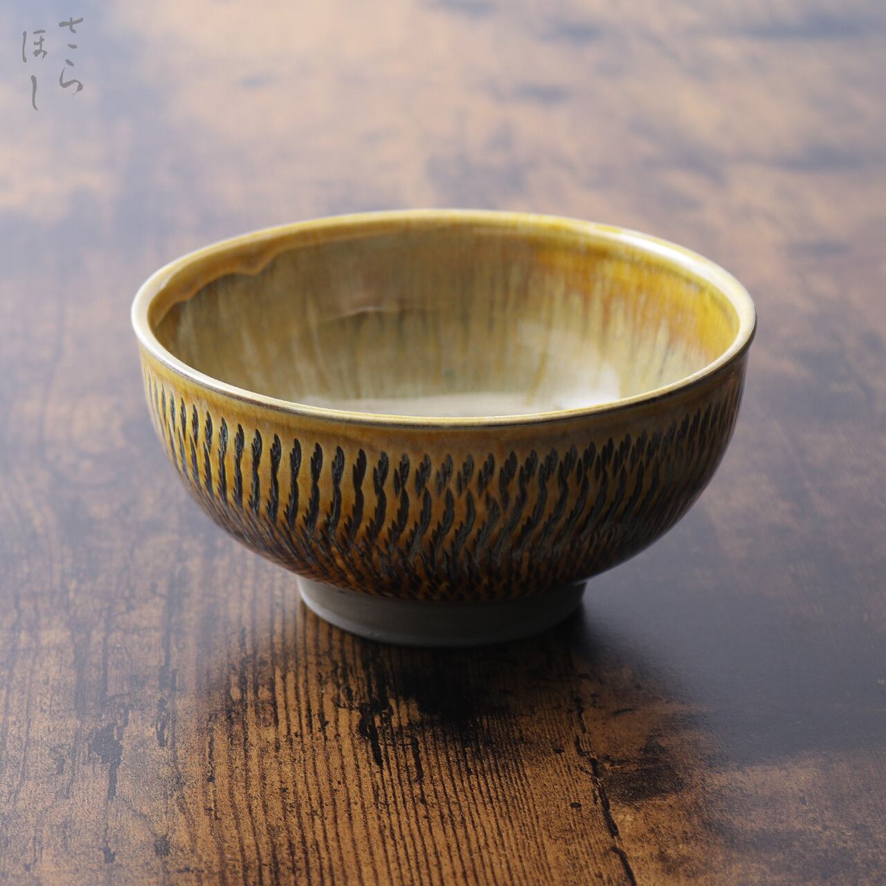 小鹿田焼 小袋窯 抹茶碗 銘:鹿峰 飛びかんな 飴/白なだれ 口径約13cm 一点もの 陶器 茶道具 民藝
