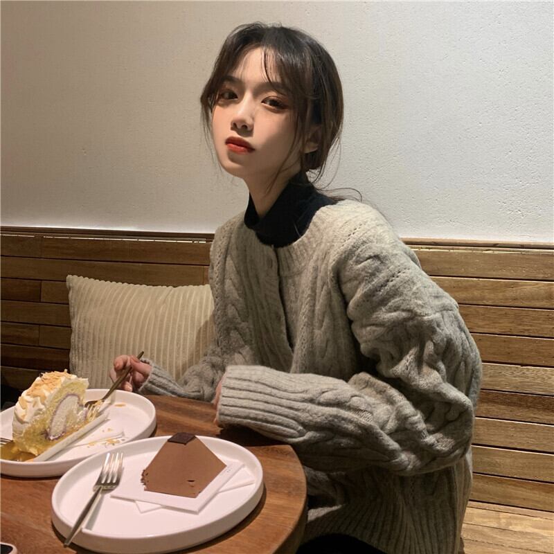 ニットカーディガンルーズオータムウィンターラウンドネックパターンセーター ジャケット ロング 秋物 冬物 Oネック クレセントシティ40075601990