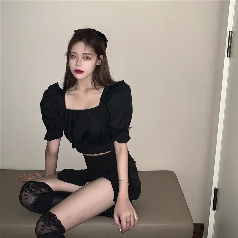 パレススタイルのスクエアカラーブラックパフスリーブシャツ女性夏半袖シャツ2020新しい薄いニッチトップス ブラックストロベリース63705164179