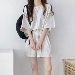 スウェット セットアップ Tシャツ ショートパンツ 2点セット レディース 春夏 韓国 ルームウェア 部屋着 大人 カジュアル ゆったり リラックス 体型カバー ハイウエスト ウエストゴム シンプル 大人可愛い 大人女子