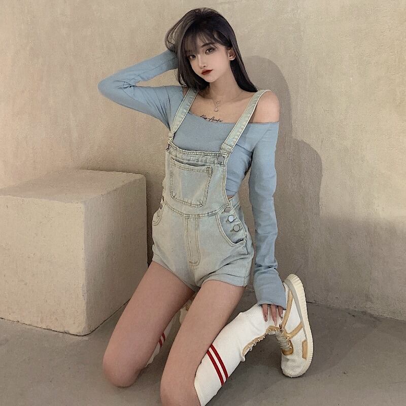 小さな男性の年齢削減サスペンダージーンズ女性の秋スリムハイウエストショーツ2020新しい薄いセクションスリムパンツ ブラックストロベリース67071245030