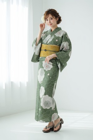 浴衣ジェンヌ 浴衣5点セット 抹茶 菊 着物風浴衣コーデ