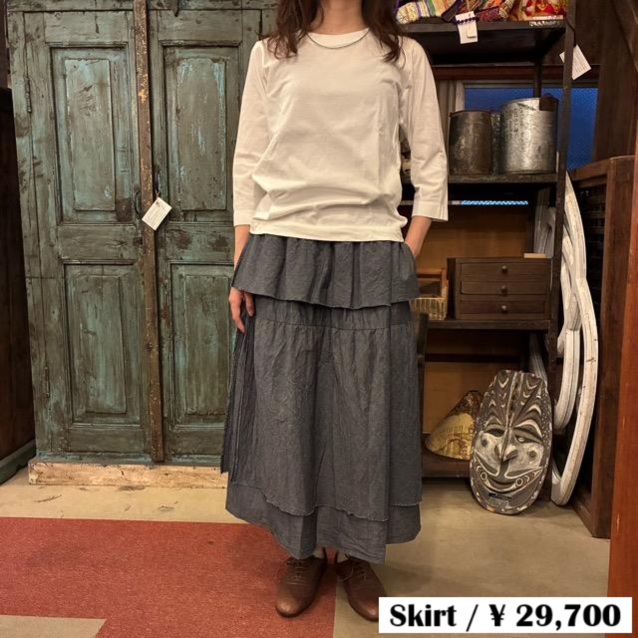 homspun Light-Ounce Chambray Skirt, Navy, Long Length, Made in Japan, Cotton, One Size Fits All