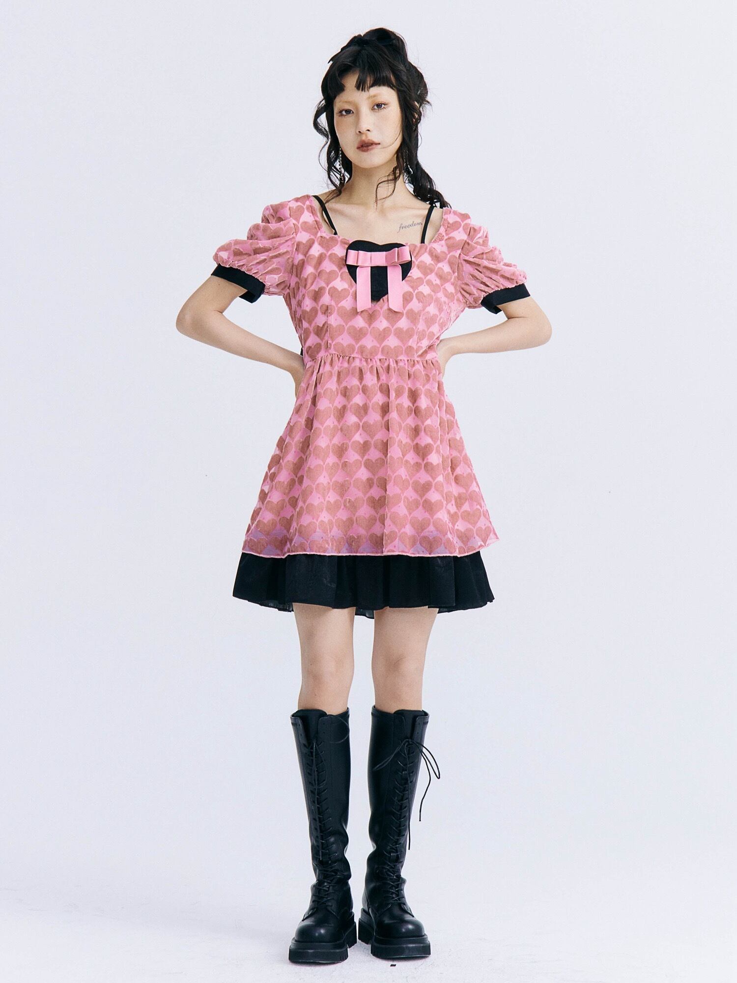 ワンピース ピンク ハート 黒 ガーリー ドレス ワンピース リボン