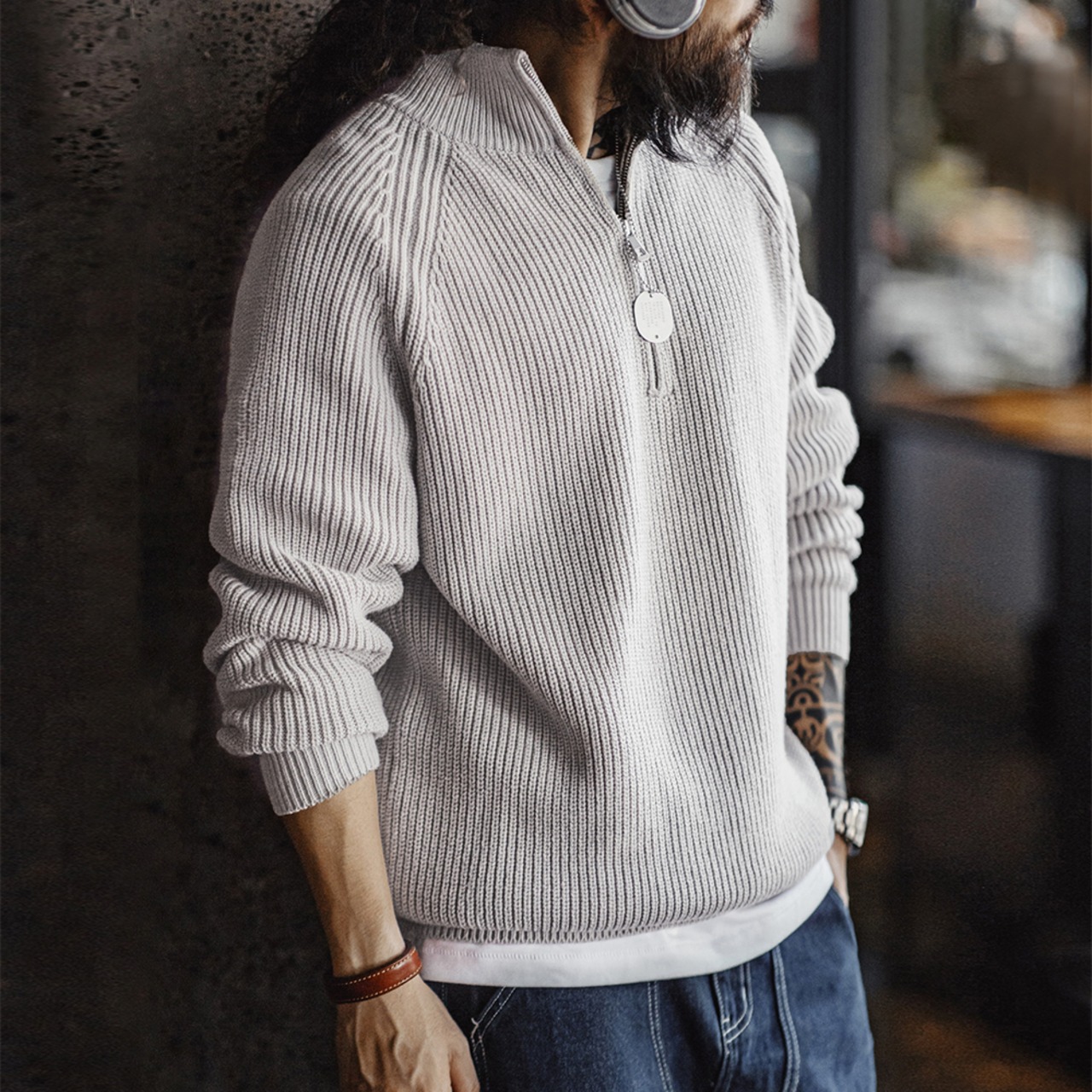 Half-Zip Solid Color Knitted Sweater / ハーフジップ ソリッド カラー ニット セーター