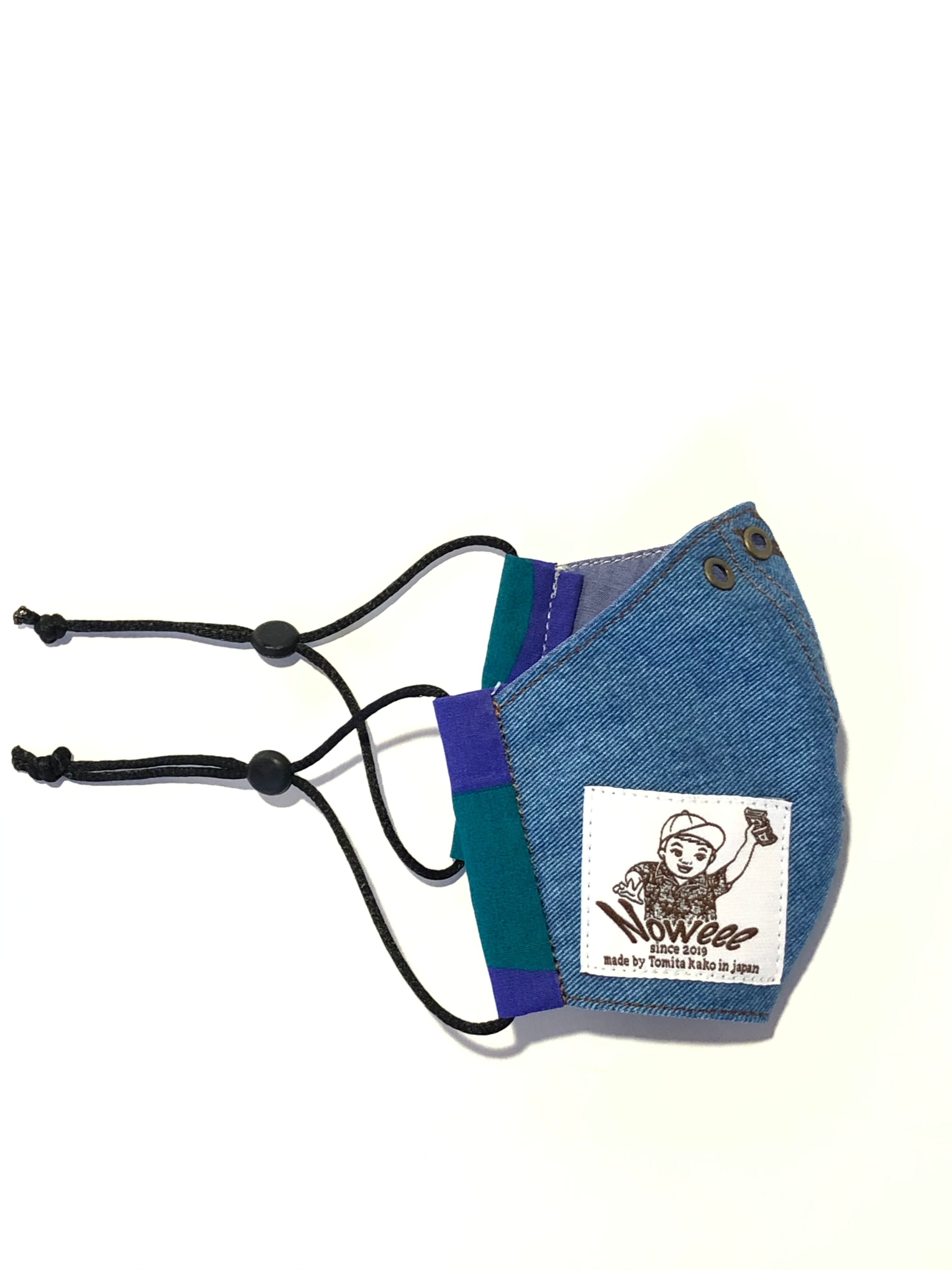 子供用サイズ マスク 【淡色デニム×グリーン&パープル】