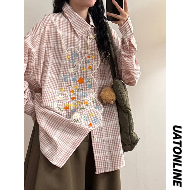 【UATONLINEシリーズ】★チャイナ風トップス★ シャツ 2color ユニセックス 長袖 チェック柄 青