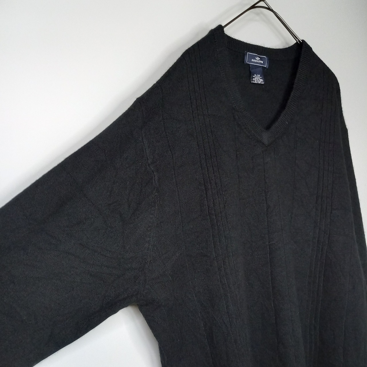 DOCKERS　ハイゲージ　Vネック　アクリルニット　セーター　ストライプ　薄手　畦編み　ブラック　XL