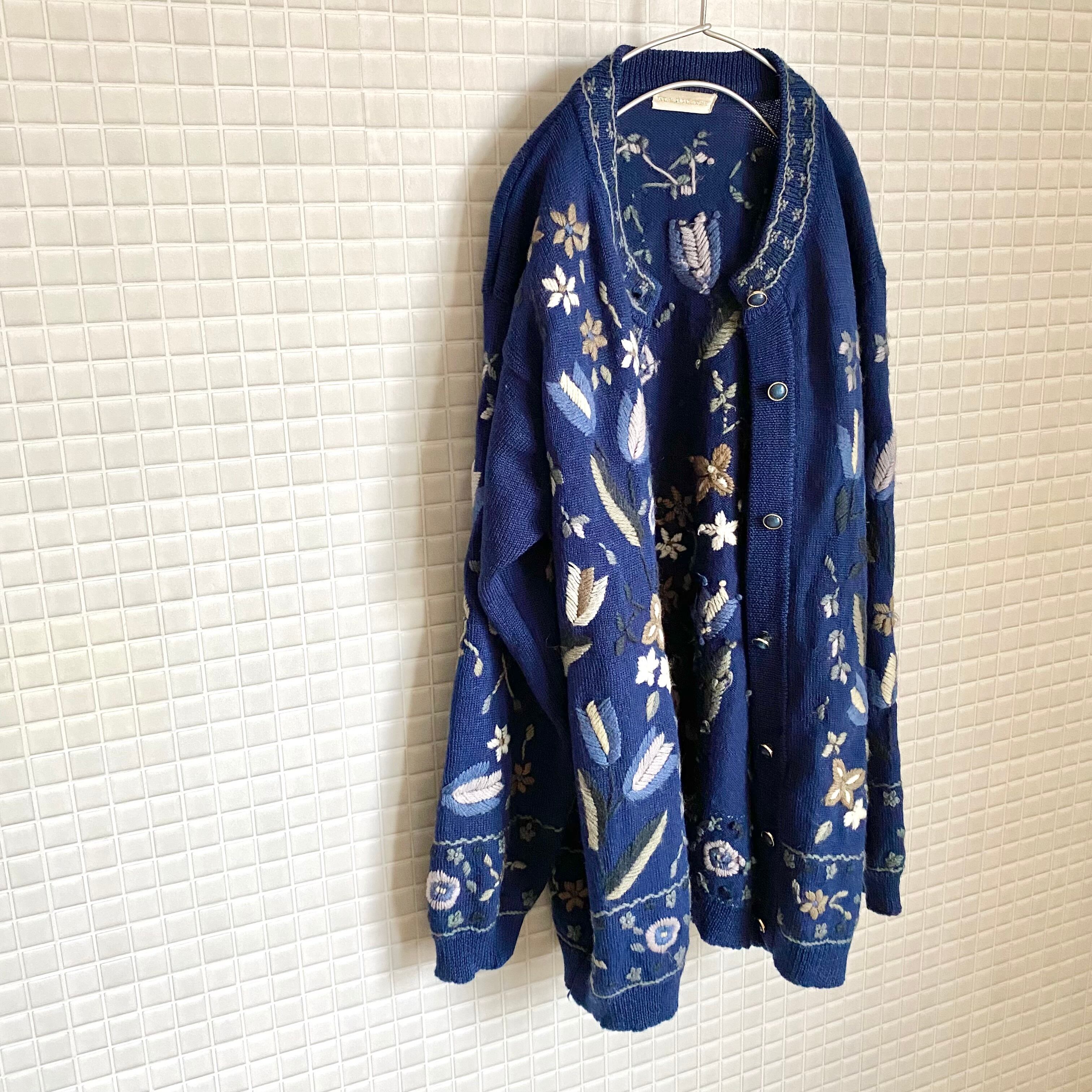 Vintage 80s retro botanical embroidery knit cardigan レトロ