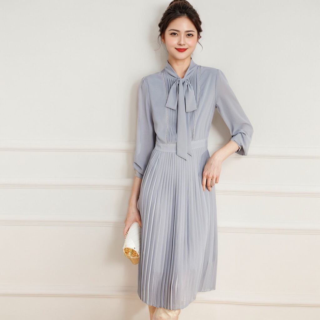 【dress】プリーツリボン付きワンピース M29679