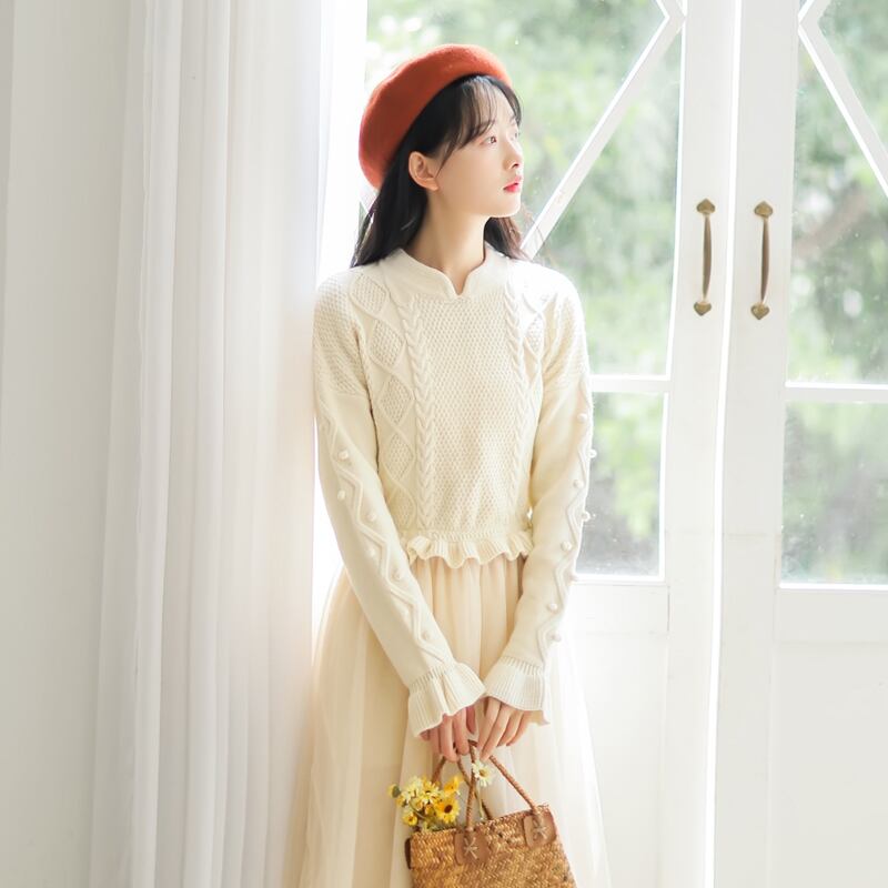 チャイナ風ワンピース ニットワンピース ロング丈ワンピース 改良唐装 改良漢服 チャイナ風服 中華服 改良型チャイナドレス 普段着 S M L Ll 女子会 同窓会 切り替え ニット チュール ベージュ レトロ Elegant