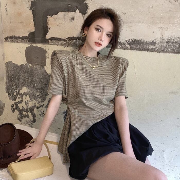 サマースタンダードTシャツ 格子柄トップス レディース レトロ 夏物 ドラファッションホール61312785529