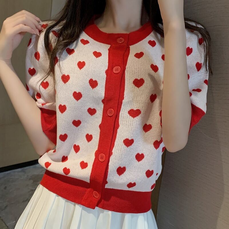 サマースタイルラウンドネック半袖スリーブスリムフィットプリント薄手ニットトップス ショート ハーフスリーブ 夏物 Oネック シルク ハンチェンe88054729245