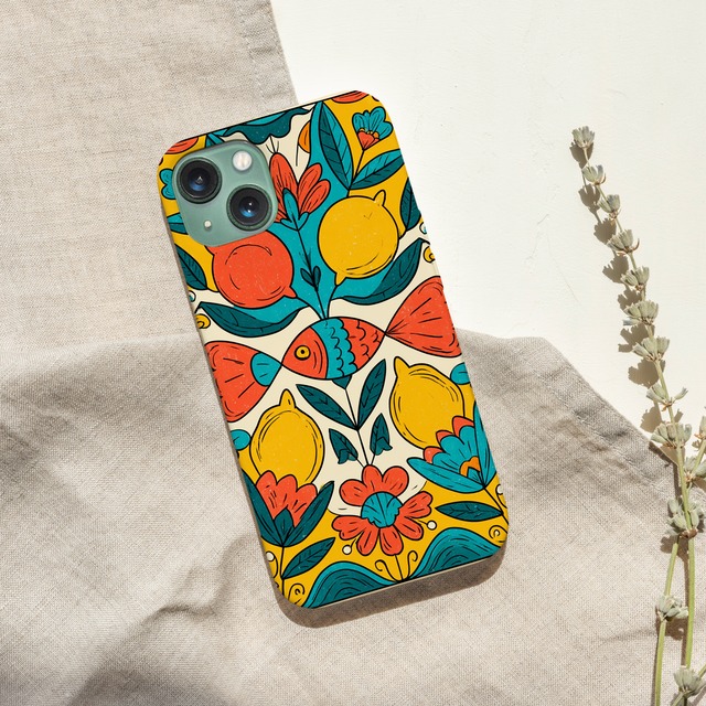 受注生産 iPhoneケース 赤い花と葉のフォークアート｜ボタニカル PSYF047A