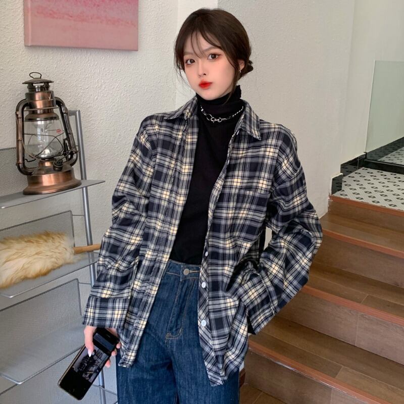 格子柄シャツ ジャケット スプリングスタンダードルーズトップス ロング レトロ 春物 1号婦人30915889002