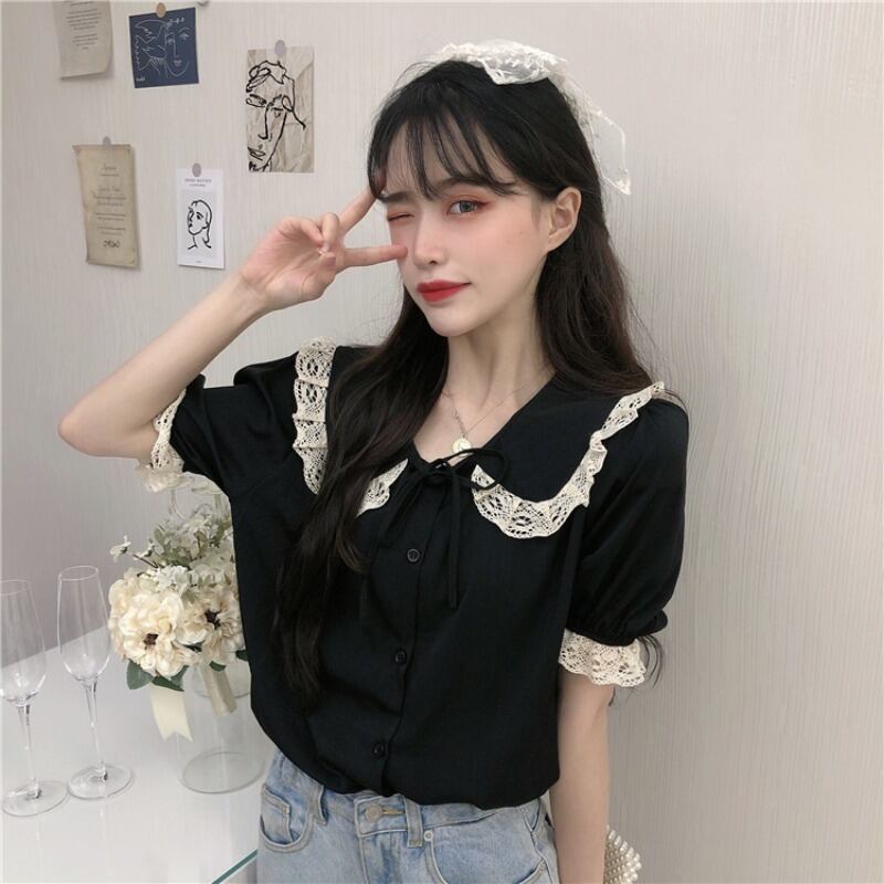 センスニッチレースドールカラーシャツ女性夏新スタイルeign気質バブル半袖ブラックトップ 1号婦人86069039978