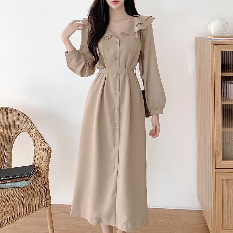 ワンピース レディース ロングワンピース 3カラー フリーサイズ ベージュ ネイビー ブルー カラバリ 長袖 無地 Vネック パフスリーブ フリル ウエストマーク バックリボン ハイウエスト スタイルアップ 脚長効果 体型カバー 楽ちん シンプル きれいめ カジュアル フェミニン ガーリー キュート 上品 大人可愛い おしゃれ 普段使い イベント デート お出かけ 女子会 休日 旅行 着まわし こなれ感 ファッション コーデ スタイル モテ 10代 20代 30代 40代 春 秋 送料無料