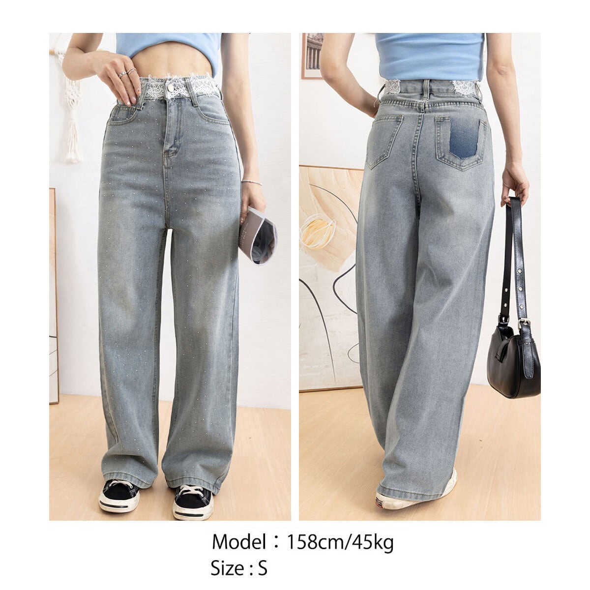 ビジューデニム ジーンズ レディース 韓国 デニム レースウエスト 大人