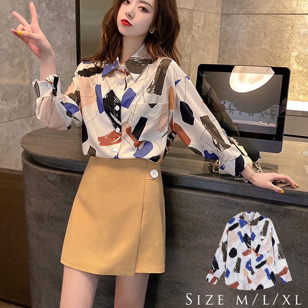 ペイント柄 シャツ レディース プリント 長袖 開襟シャツ 可愛い 襟付き