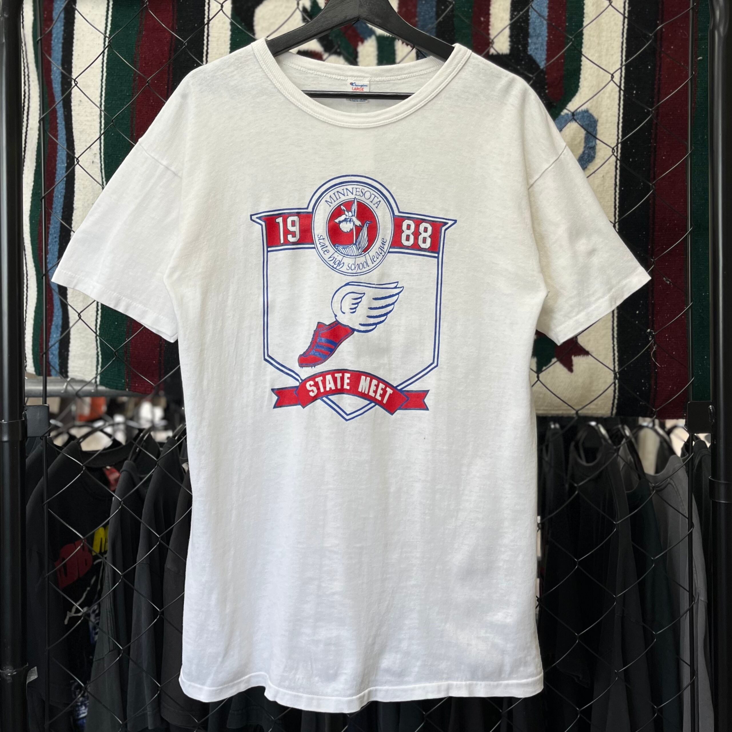 80s USA製 チャンピオン デザイン系 半袖Tシャツ プリント ワッペン