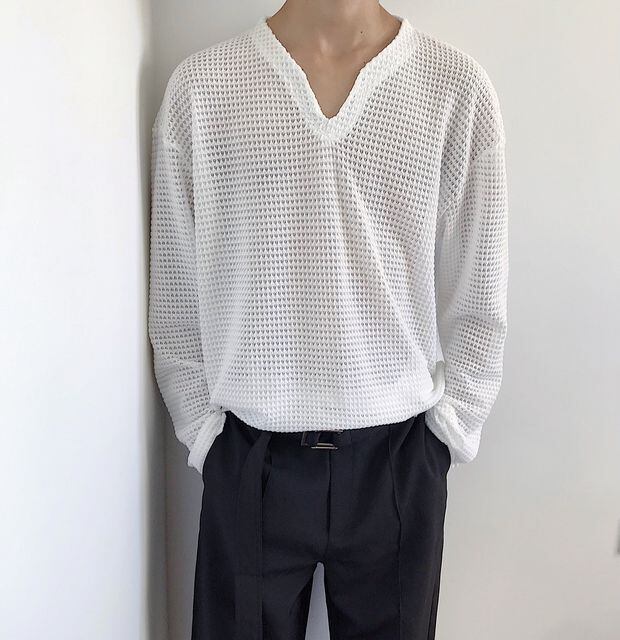 【予約販売】プルオーバー シャツ ロンT 長袖 メンズ 無地 ワッフル Vネック ブラック ホワイト ブルー M/L/XL