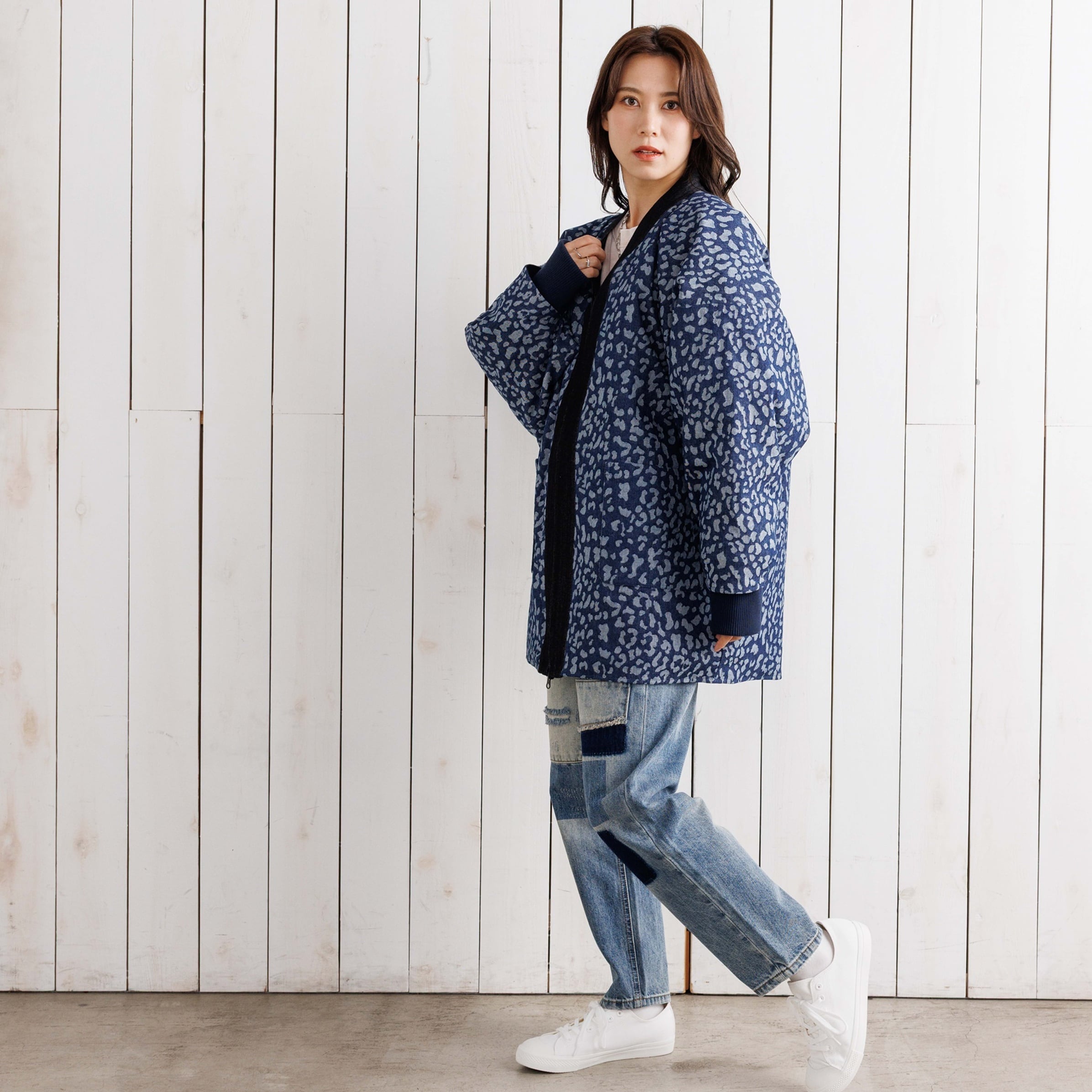 寒風寒波上等デニム半纏（ハンテン）ヒョウ柄ジャガード | Godisru
