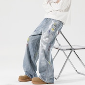 ストリート ウォッシュ加工 ペイントデニムパンツ P272