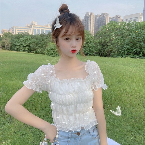 ✞ スリーブプリーツスリムショートシフォンシャツブラウス スウィート スクウェア ✞ゴスロリ SM ミリ 甘ロリ クラロリ 和ロリ エレガント 黒ロリ 姫ロリ 華ロリ BB-BB0761265