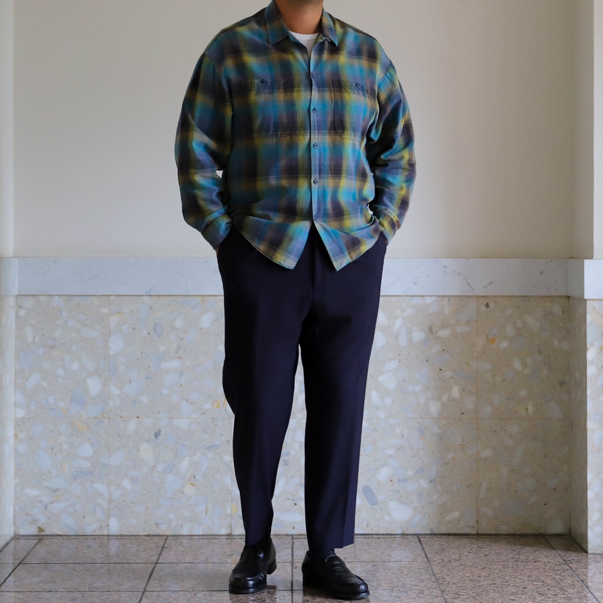 ヴィンテージ　オンブレシャツ　70s 極美品】70s special Vintage ombre check open collar shirt green