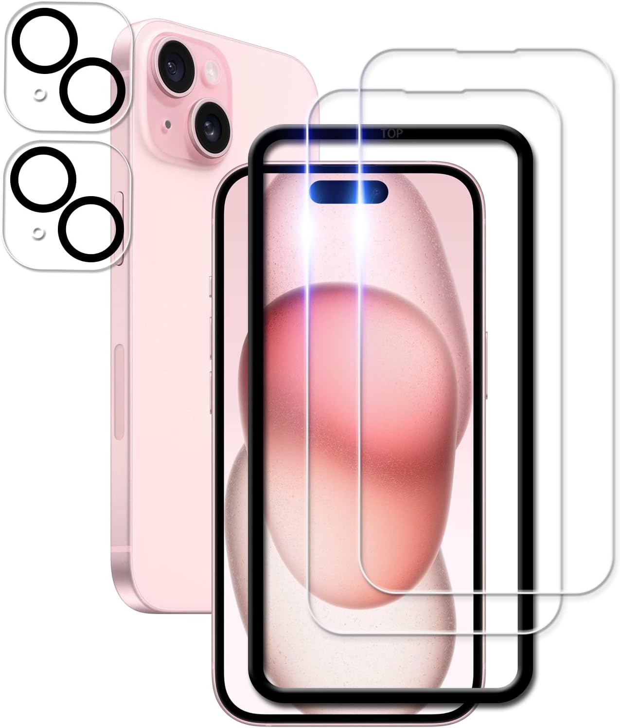 KPNS iPhone 15 ガラスフィルム【2+2枚セット】ガイド枠付き 日本素材