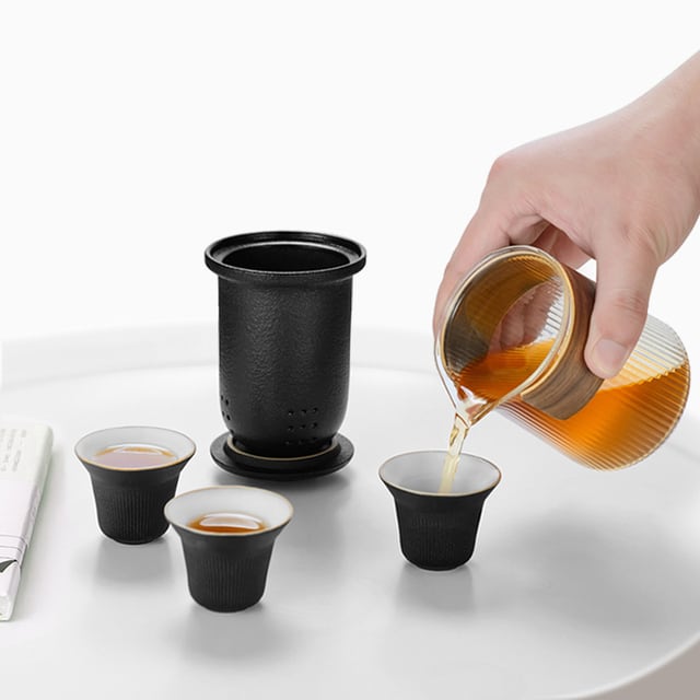 ポータブル茶器旅行カンフー茶碗簡易速客杯1ポット3杯セットアウトドア ...