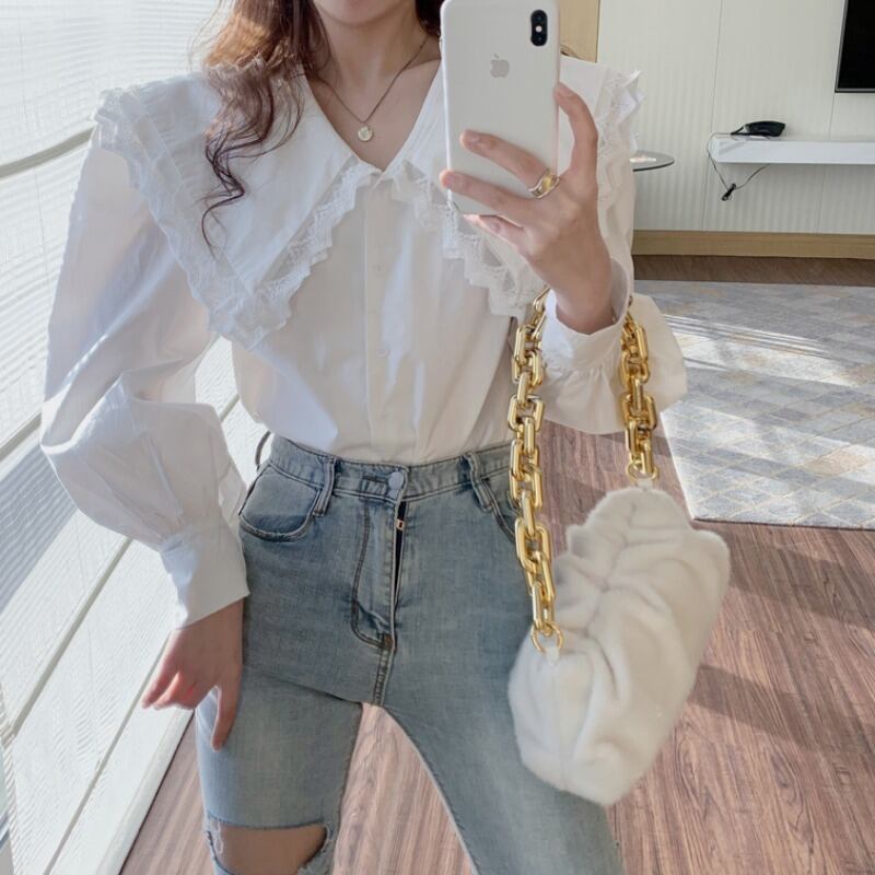 シャツ レディーススタイルレースカラートップス ロング ハンチェンe81017541620