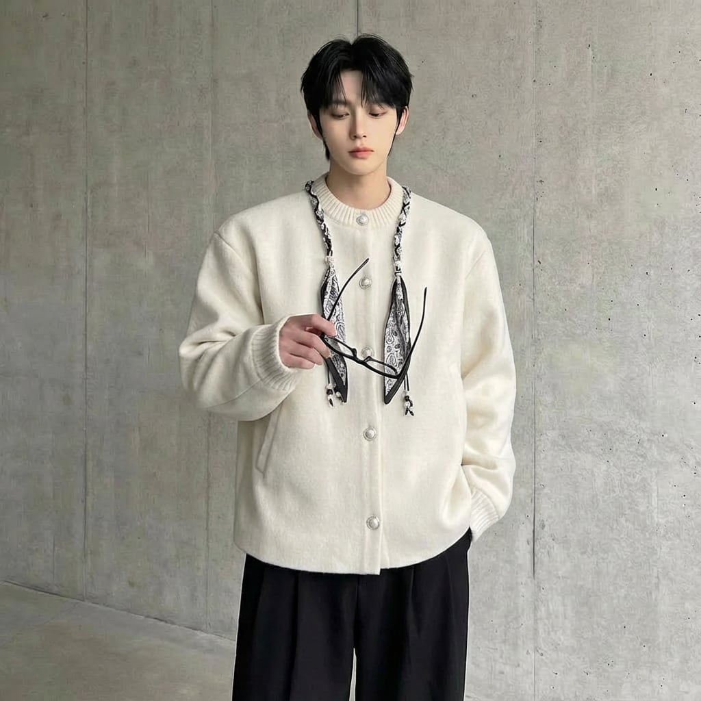 スカーフ装飾 パールボタンニットカーディガン 2カラー D11994