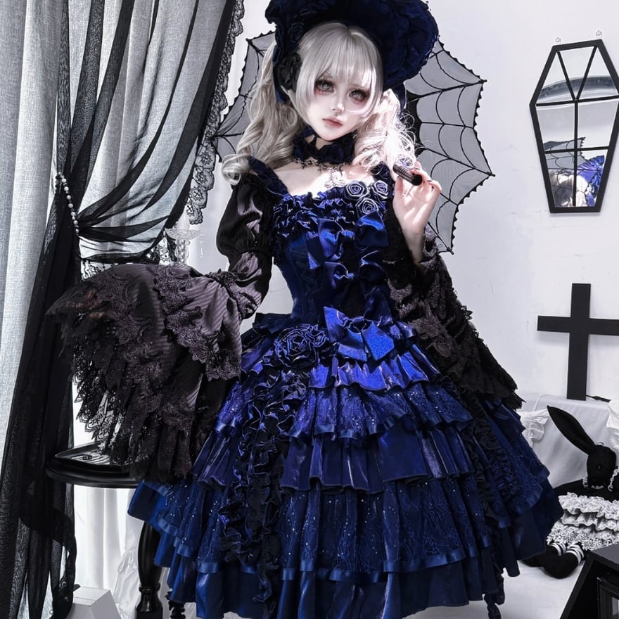 ゴシックロリィタ JSK 薔薇装飾×ブルー クラシカルデザイン｜WithU