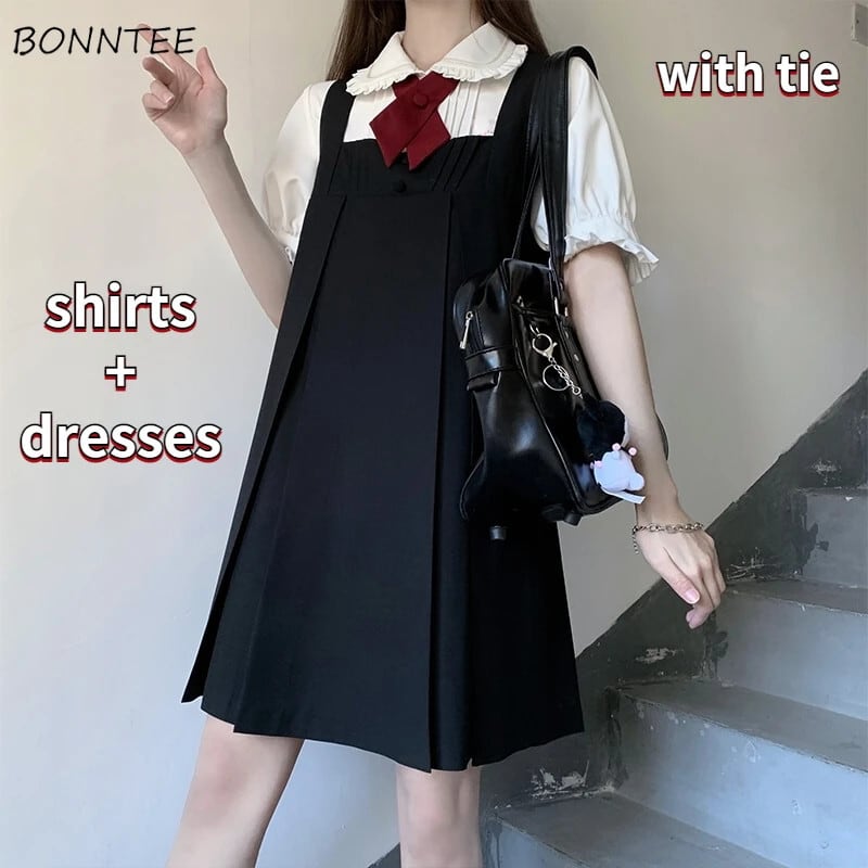 【新作】【送料無料】 女性 2 枚セットプリーツドレスピーターパン襟シャツ JK ルーズプレッピー日本スタイルかわいい若い夏ガーリッシュ入札 Mujer 0249101948050