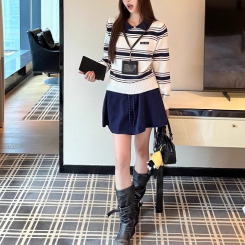【2点セット】2色／ポロカラーボーダーニットトップス＋ドロストウエストニットミニスカ ・72767